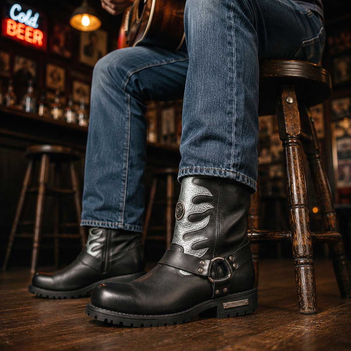 Milwaukee Leather Men’s Fire Fight Harness Boots – Black Leather w/ Silver Flames, 11″ Square Toe, Inside Zipper - MBM9067