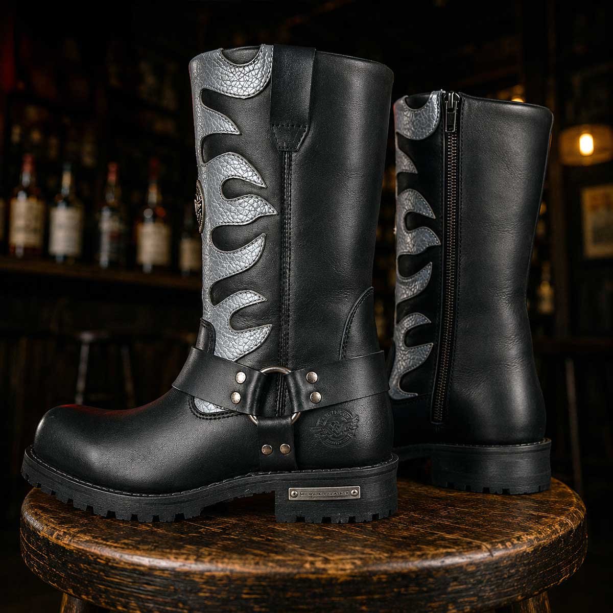 Milwaukee Leather Men’s Fire Fight Harness Boots – Black Leather w/ Silver Flames, 11″ Square Toe, Inside Zipper - MBM9067