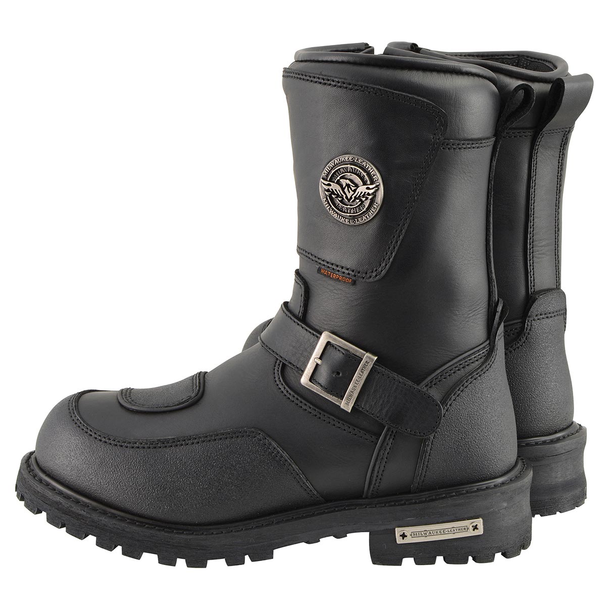 Milwaukee Leather Men's Black Wide Width 9-inch Waterproof Engineer Leather Biker Boots with Reflective Piping MBM9071WP