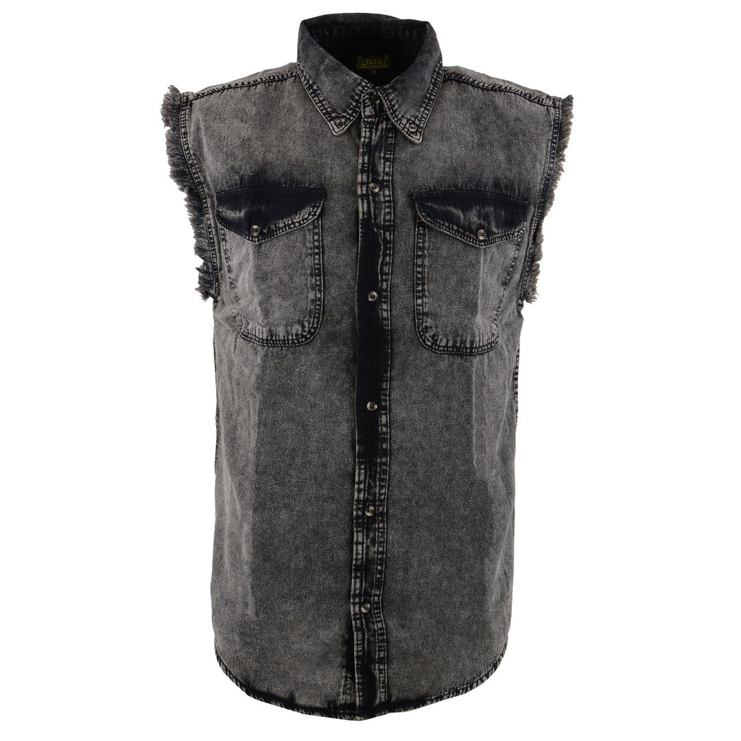 Milwaukee Leather MDM11683 Men’s Classic Beige/Black Button-Down Cut Off Frayed Sleeveless Casual Shirt