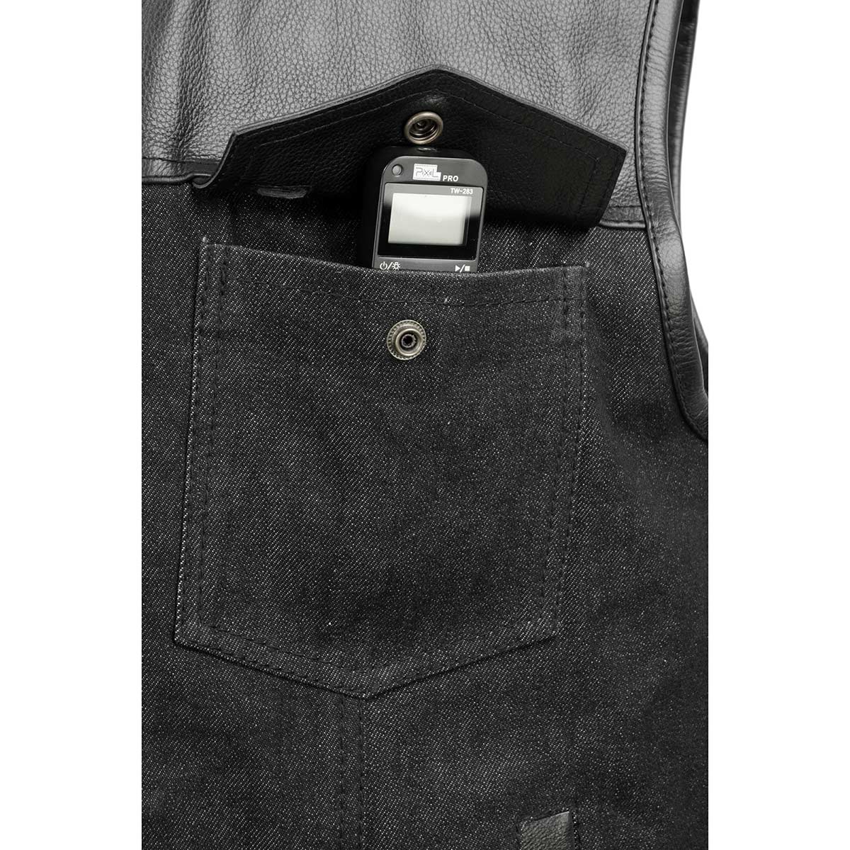 Milwaukee Leather MDM3003 Men's 'Brute' Concealed Snap Black Denim and Black Leather Club Style Vest w/ Hidden Zipper