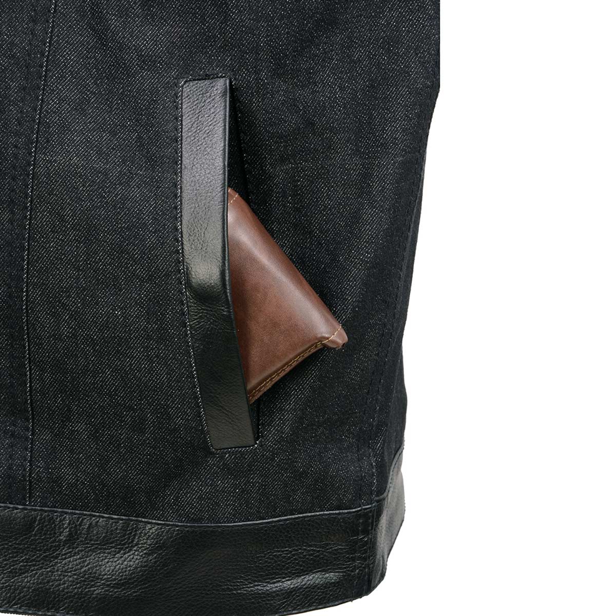 Milwaukee Leather MDM3003 Men's 'Brute' Concealed Snap Black Denim and Black Leather Club Style Vest w/ Hidden Zipper