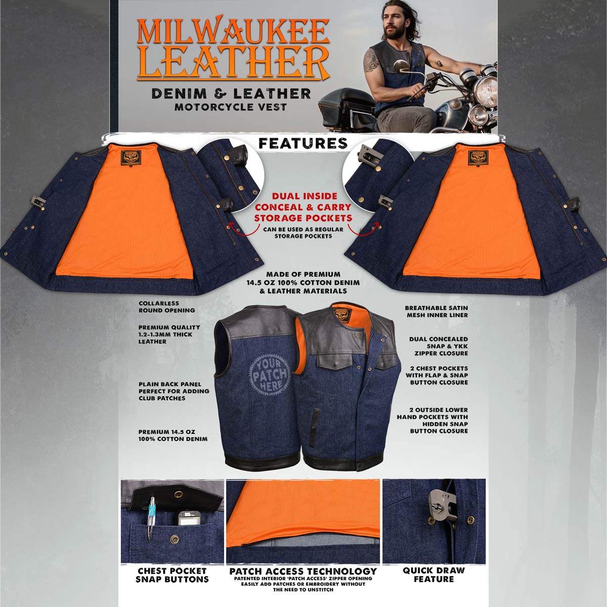 Milwaukee Leather MDM3004 Men's Brute Dual Closure Blue Denim and Black Leather Club Style Vest