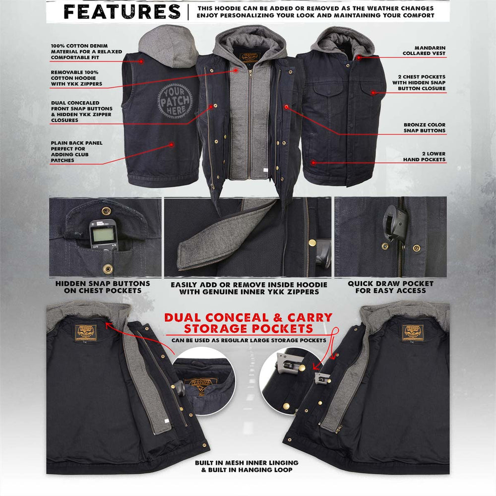 Milwaukee Leather MDM3015 Men's 'Rustic' Black Denim Motorcycle Riding Vest with Hoodie