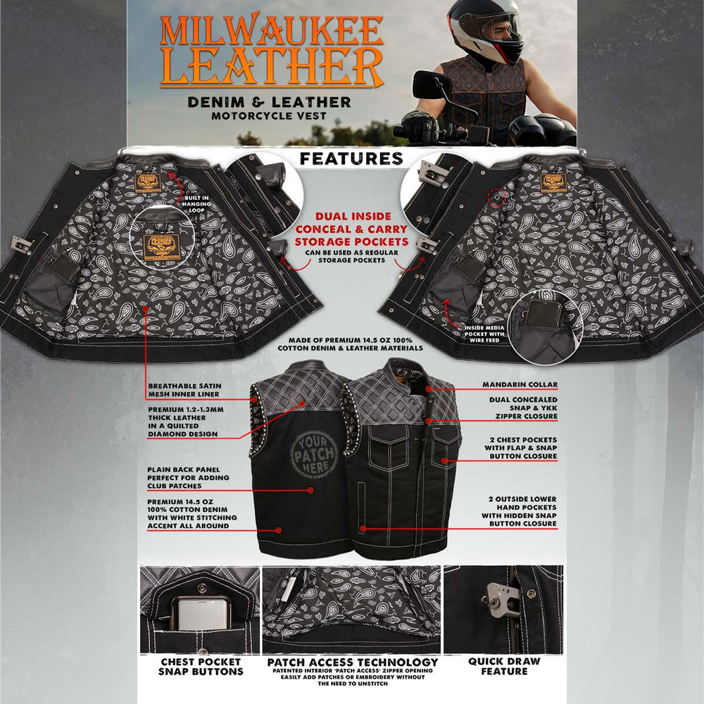 Milwaukee Leather MDM3035 Men’s Wrecker Club Vest – Black Denim & Leather, Diamond Quilt, White Stitch