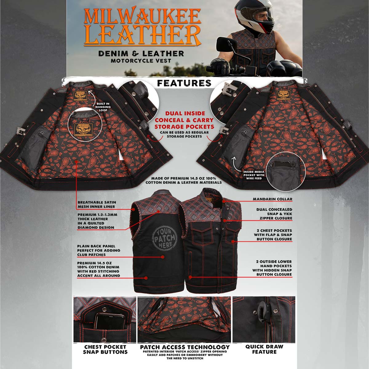 Milwaukee Leather MDM3036 Men’s Wrecker Club Vest – Black Denim & Leather, Diamond Quilt, Red Stitch