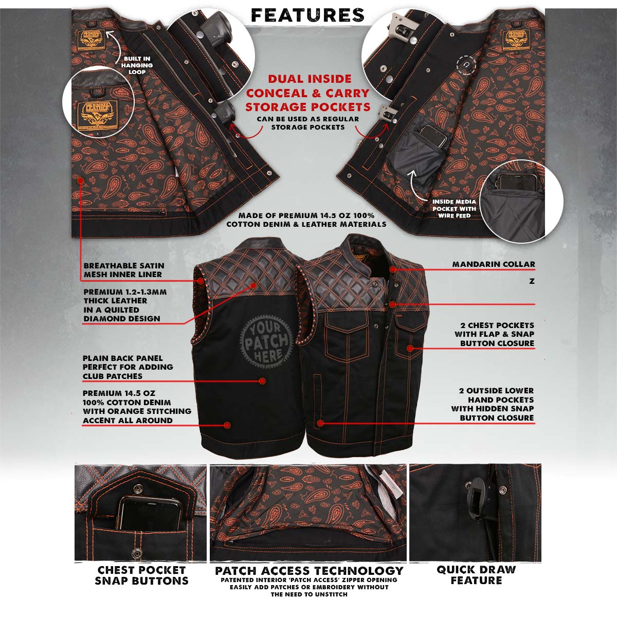 Milwaukee Leather MDM3037 Men’s Wrecker Club Vest – Black Denim & Leather, Diamond Quilt, Orange Stitch