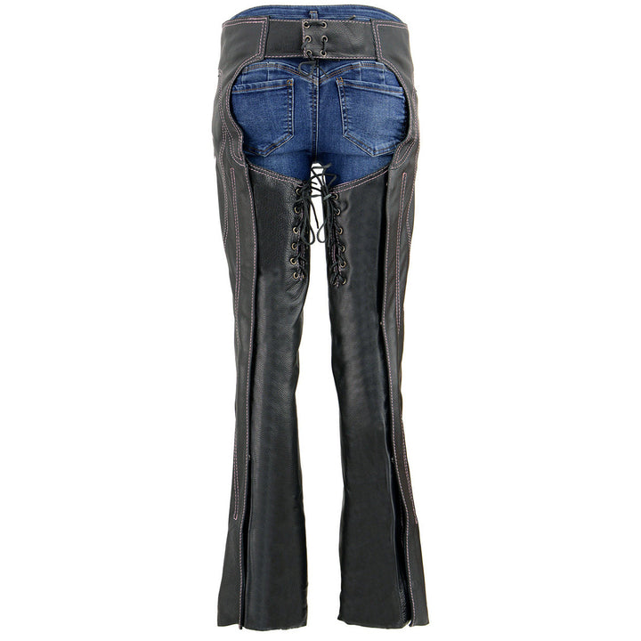 Milwaukee Leather Chaps for Women Black and Pink Low-Rise Waist- Double Buckle Reflective Embroidery Motorcycle Chap- ML1187