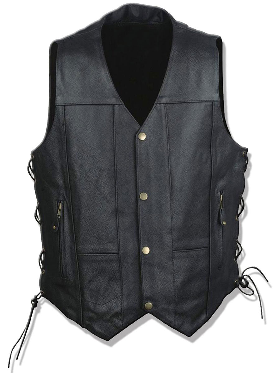 NexGen ML4391 Men’s ’10 Pocket’ Black Leather Vest with Back Spider Web Skull Embroidery