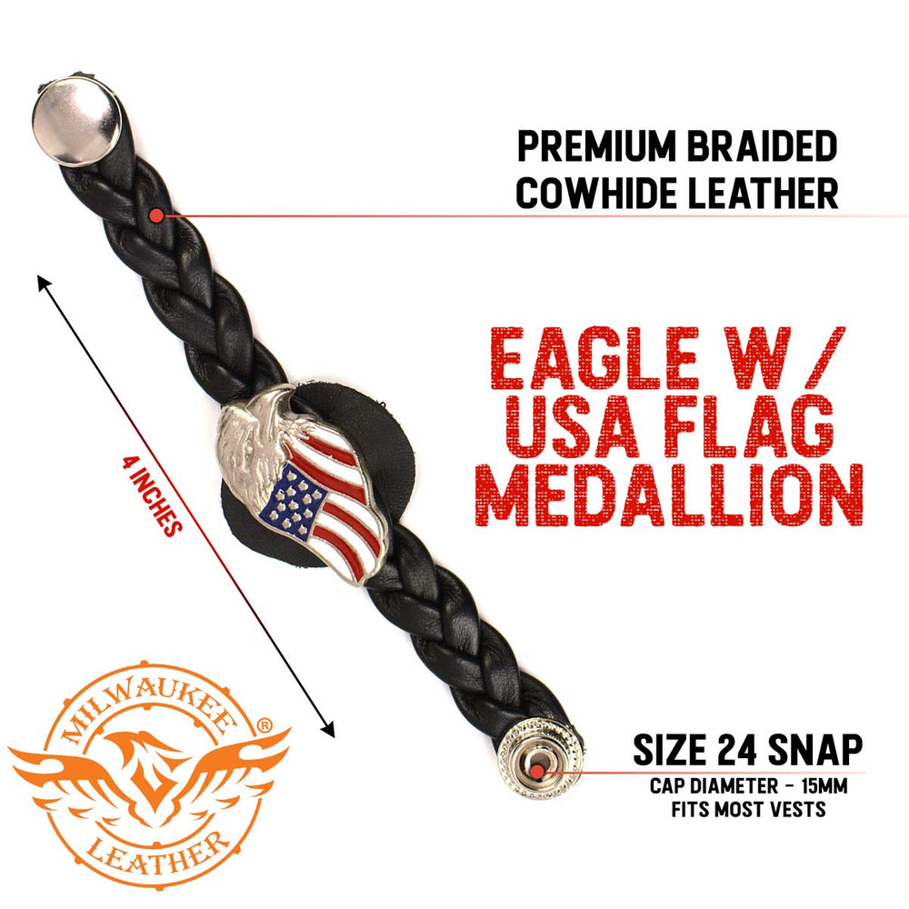 Milwaukee Leather MLA6062SET Eagle USA Flag 4-PCS Vest Extender Double Chrome Chains w/ Genuine Braided Leather 4" Extension