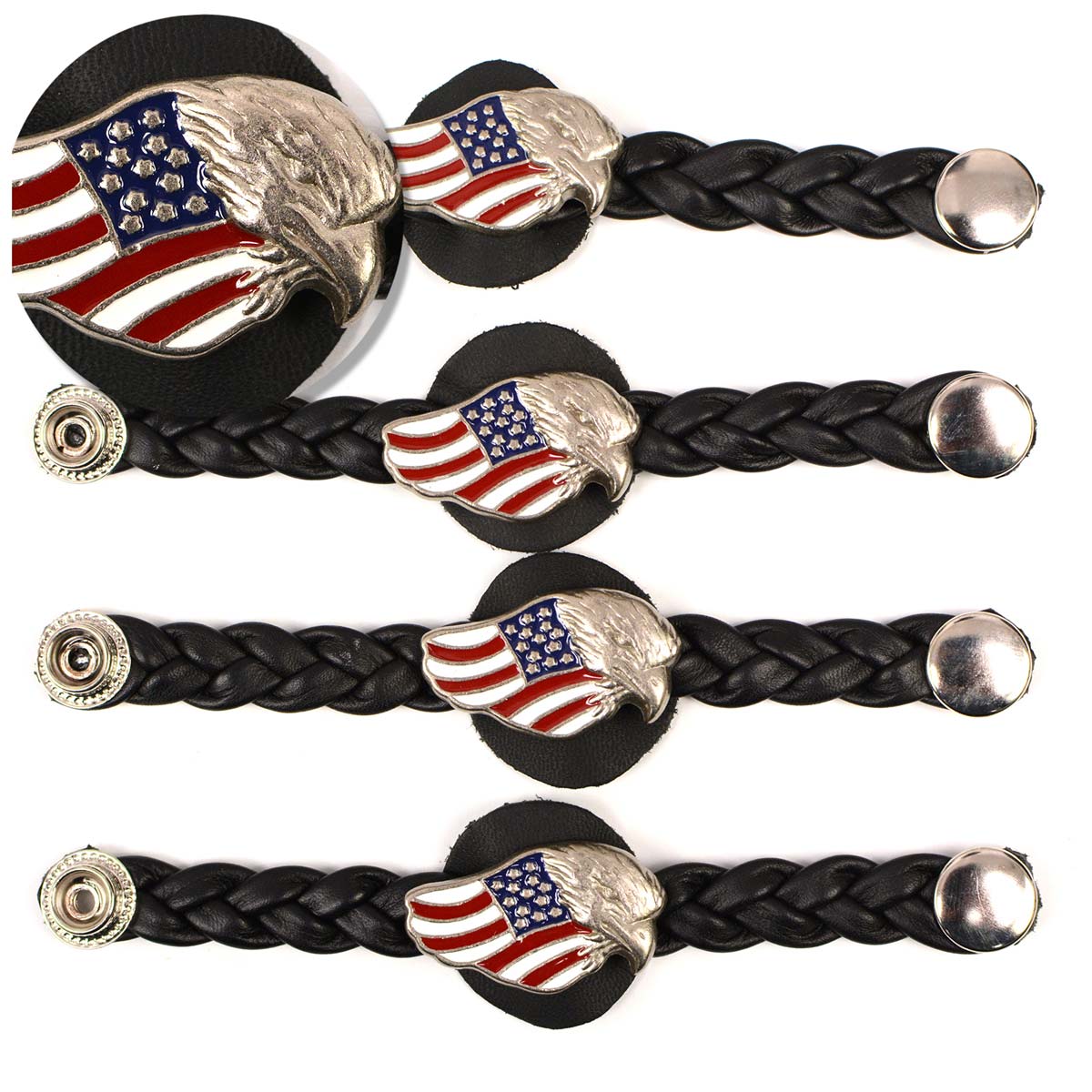 Milwaukee Leather MLA6062SET Eagle USA Flag 4-PCS Vest Extender Double Chrome Chains w/ Genuine Braided Leather 4" Extension