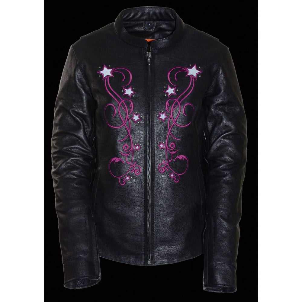 Milwaukee Leather MLL2500 Women's Black and Fuchsia Pink Leather Jacket with Embroidery