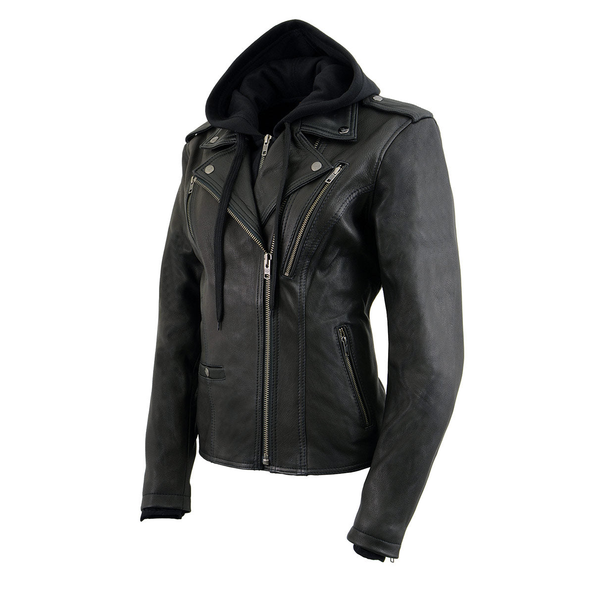 Milwaukee Leather Women’s Galactica Black Leather Vented Motorcycle Jacket with Removable Hoodie - MLL2575