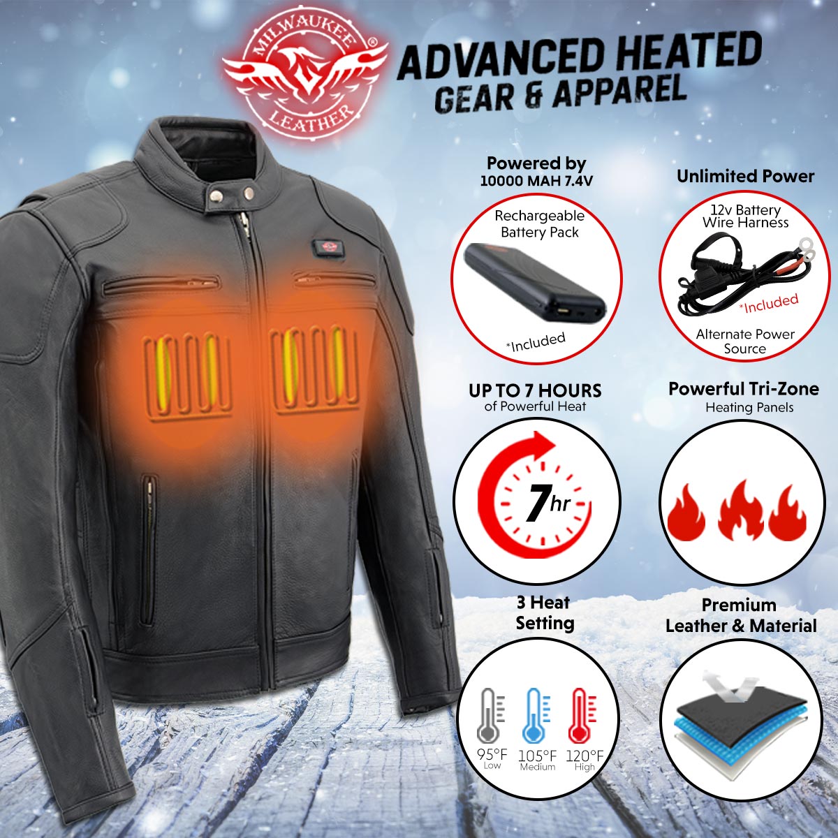 Milwaukee Leather Men’s Inferno Rider Heated Scooter Leather Jacket w/ Dual-Power,Vented System (MLM1513SET)