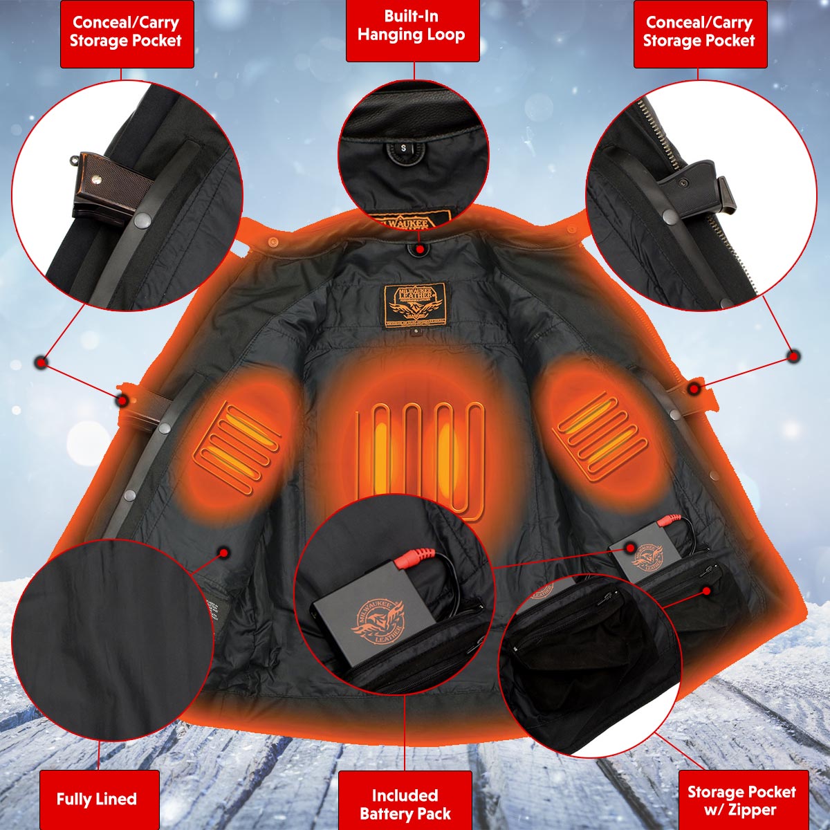 Milwaukee Leather Men’s Inferno Rider Heated Scooter Leather Jacket w/ Dual-Power,Vented System (MLM1513SET)