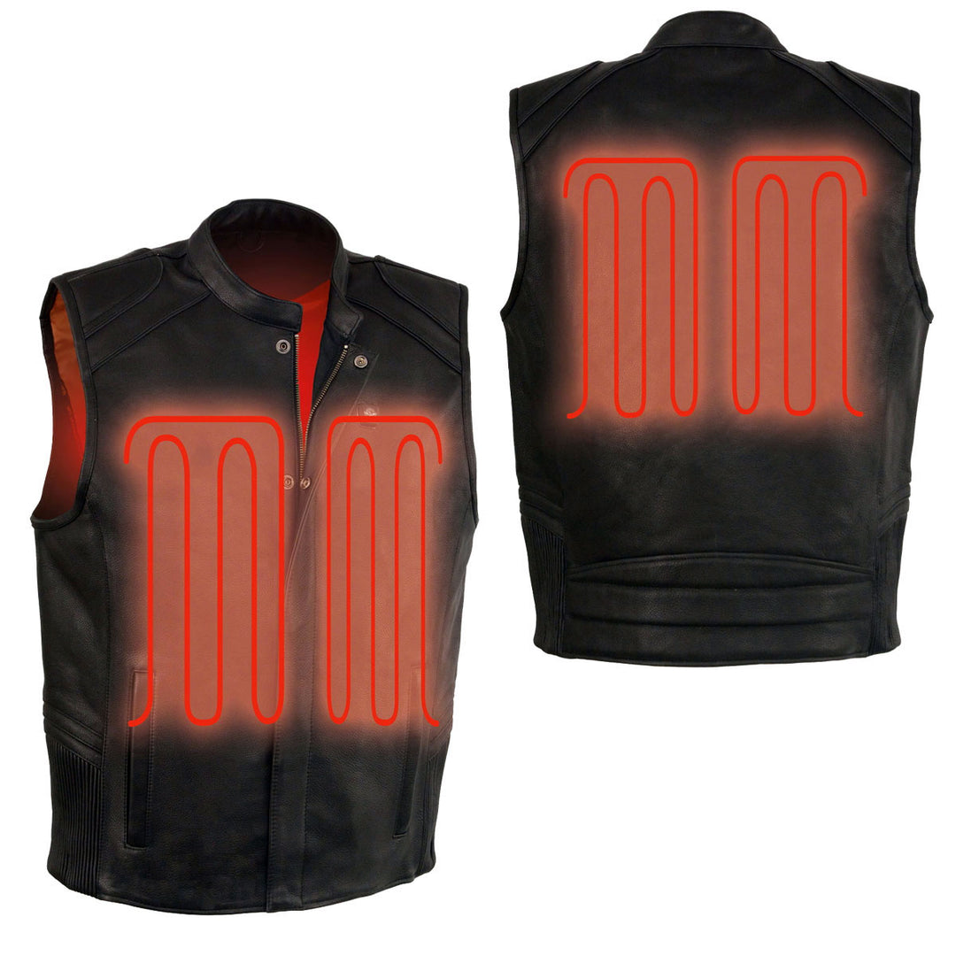 Milwaukee Leather MLM3523SET Men's Black 'Heated' Collarless Moto Leather Vest - for Winter Cold Weather
