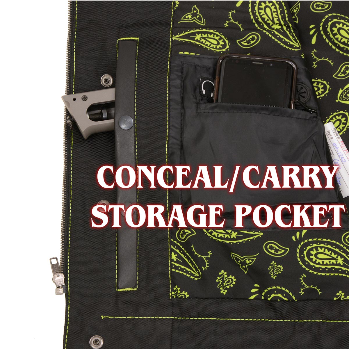 Milwaukee Leather MLM3528 Men's Black Paisley Lined Leather Vest w/ Neon Green Stitching & Armhole Trim