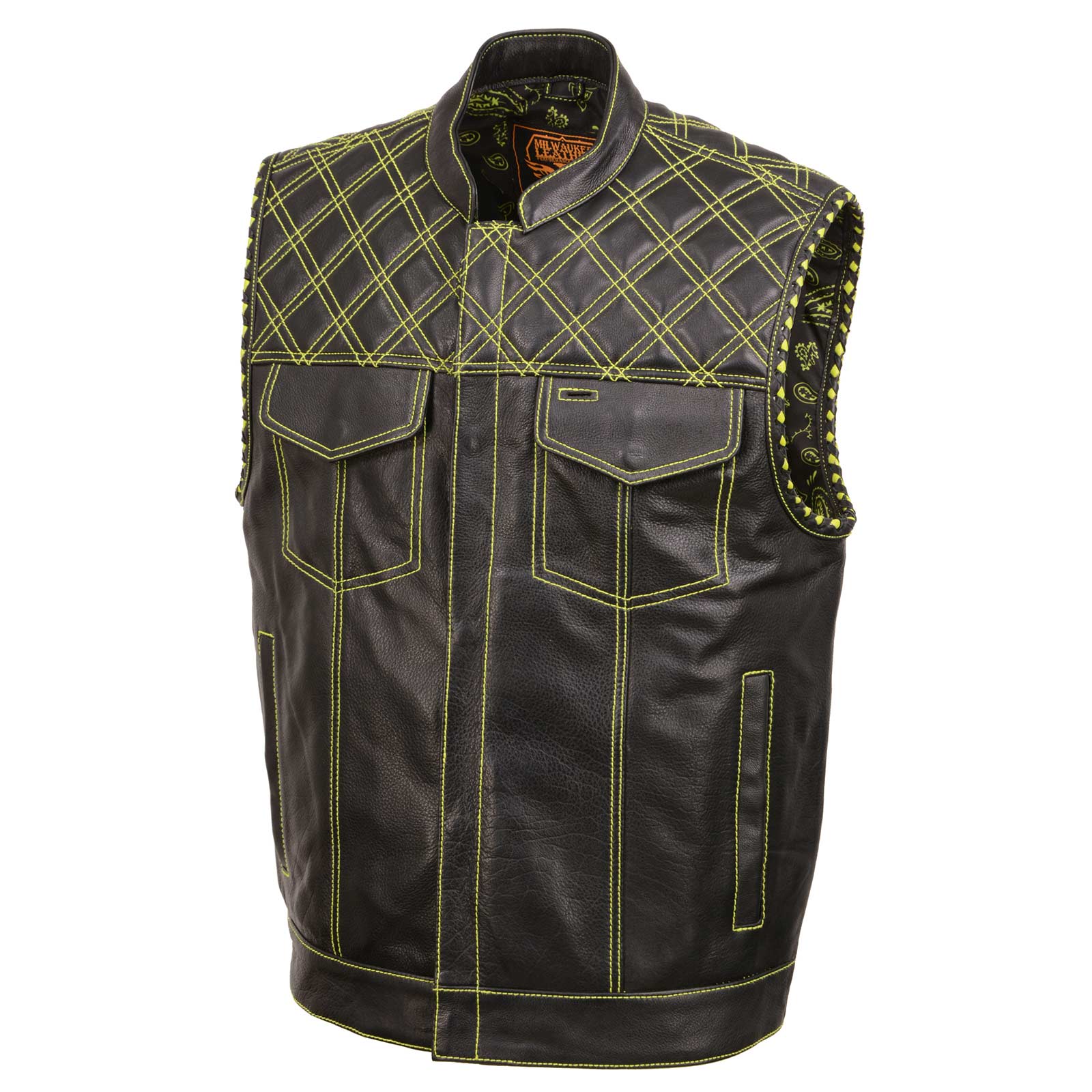 Milwaukee Leather MLM3528 Men's Black Paisley Lined Leather Vest w/ Neon Green Stitching & Armhole Trim