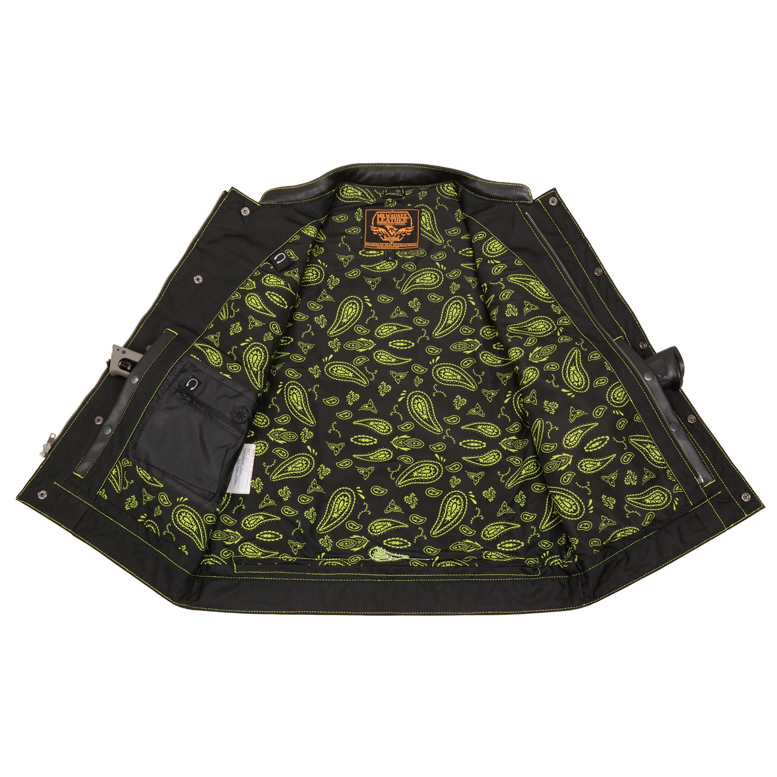 Milwaukee Leather MLM3528 Men's Black Paisley Lined Leather Vest w/ Neon Green Stitching & Armhole Trim