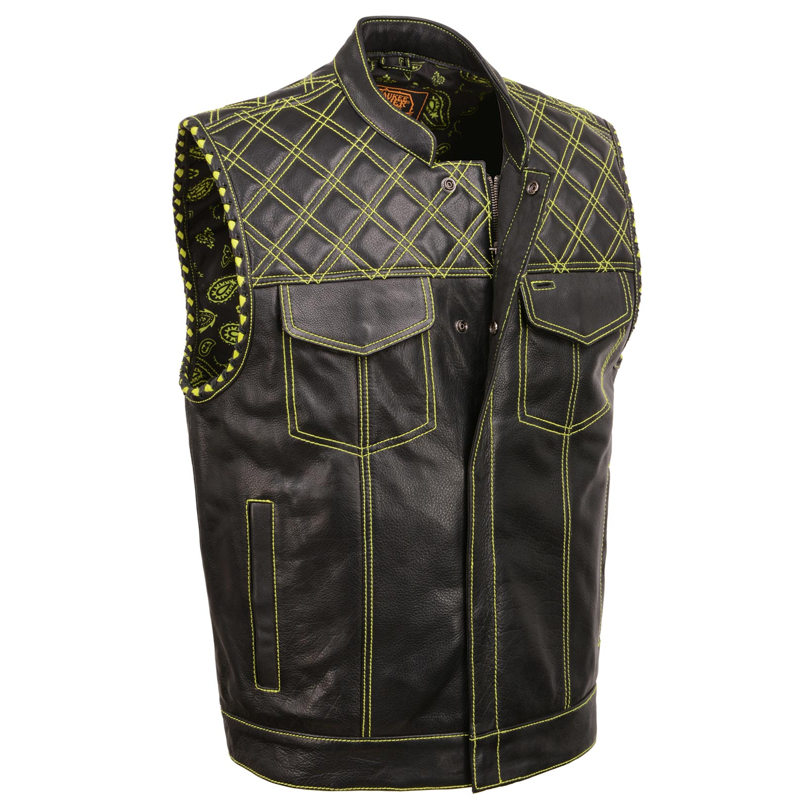 Milwaukee Leather MLM3528 Men's Black Paisley Lined Leather Vest w/ Neon Green Stitching & Armhole Trim