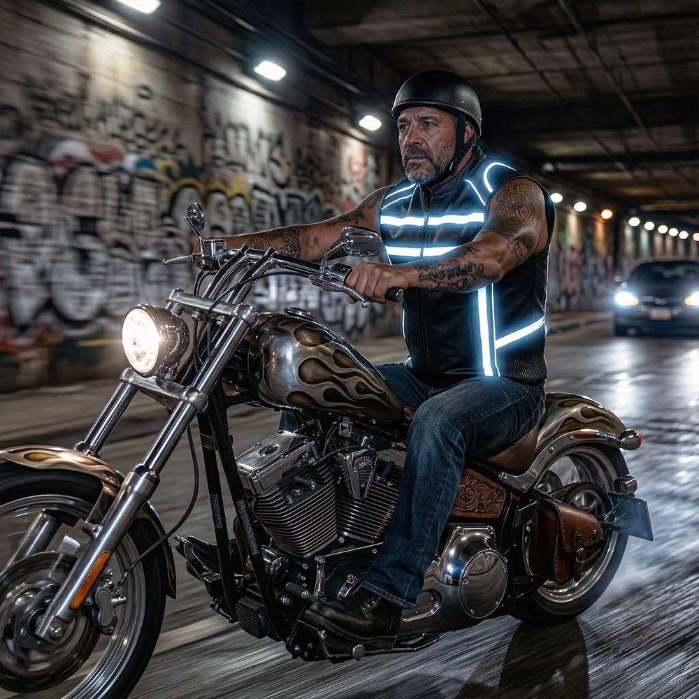 Milwaukee Leather MLM3560 Men's Black Leather Vest - Reflective Piping Elasticized Waist Open Neck Motorcycle Vest