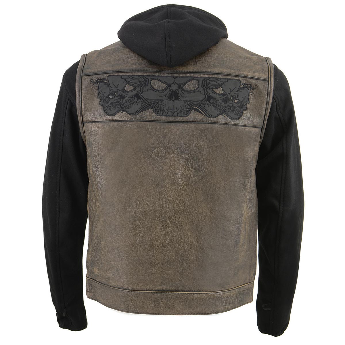 Milwaukee Leather MLM3561 Men's "Hell Raiser" 2 in 1 Distress Brown Leather Vest w/ Removeable Hoodie - Reflective Skull Artwork