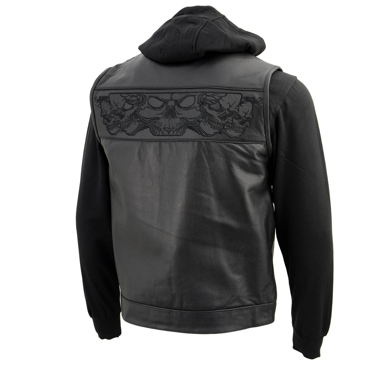 Milwaukee Leather MLM3563 Men's "Hell Raiser" 2 in 1 Black Leather Vest w/ Removeable Hoodie - Reflective Skull Artwork