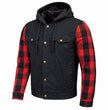 MMCC Men's Gridlock Black/Red 14 oz Denim & Plaid Armored Hooded Motorcycle Jacket - MMC10100