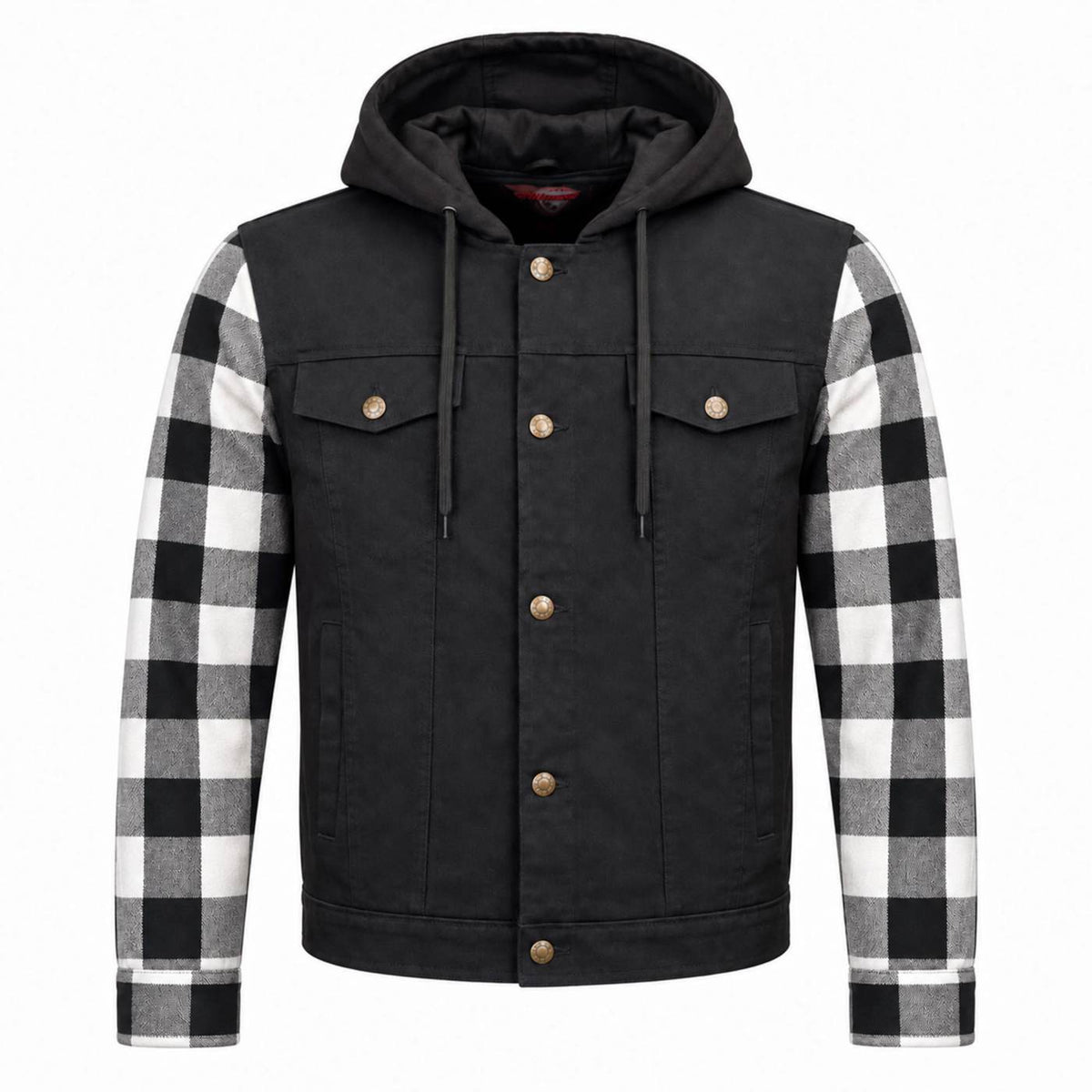 MMCC Men's Gridlock Black/White 14 oz Denim & Plaid Armored Hooded Motorcycle Jacket - MMC10101