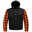 MMCC Men's Gridlock Black/Orange 14 oz Denim & Plaid Armored Hooded Motorcycle Jacket - MMC10102