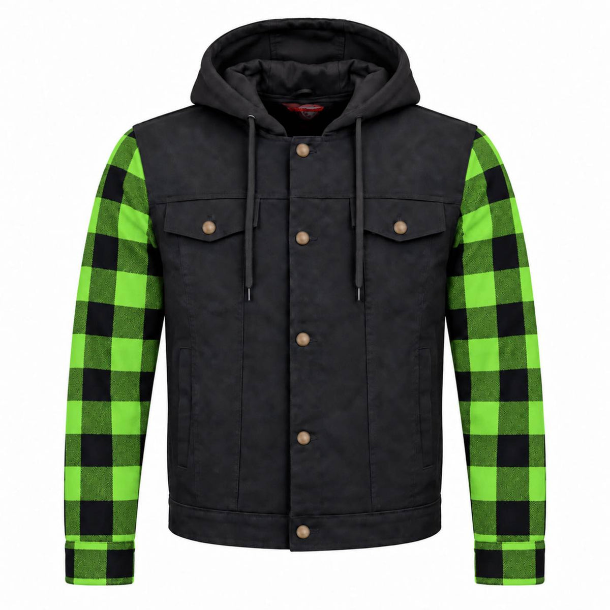 MMCC Men's Gridlock Black/Green 14 oz Denim & Plaid Armored Hooded Motorcycle Jacket - MMC10103