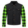 MMCC Men's Gridlock Black/Green 14 oz Denim & Plaid Armored Hooded Motorcycle Jacket - MMC10103