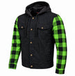 MMCC Men's Gridlock Black/Green 14 oz Denim & Plaid Armored Hooded Motorcycle Jacket - MMC10103