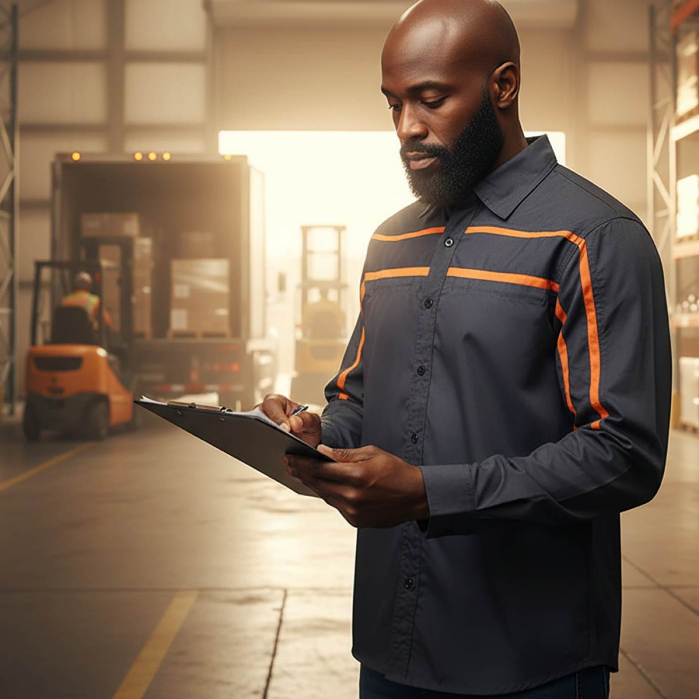MMCC Men's Octane Long Sleeve Mechanic Shirt - Grey with Orange Stripe - 50-50 Cotton Poly - MMCC16001