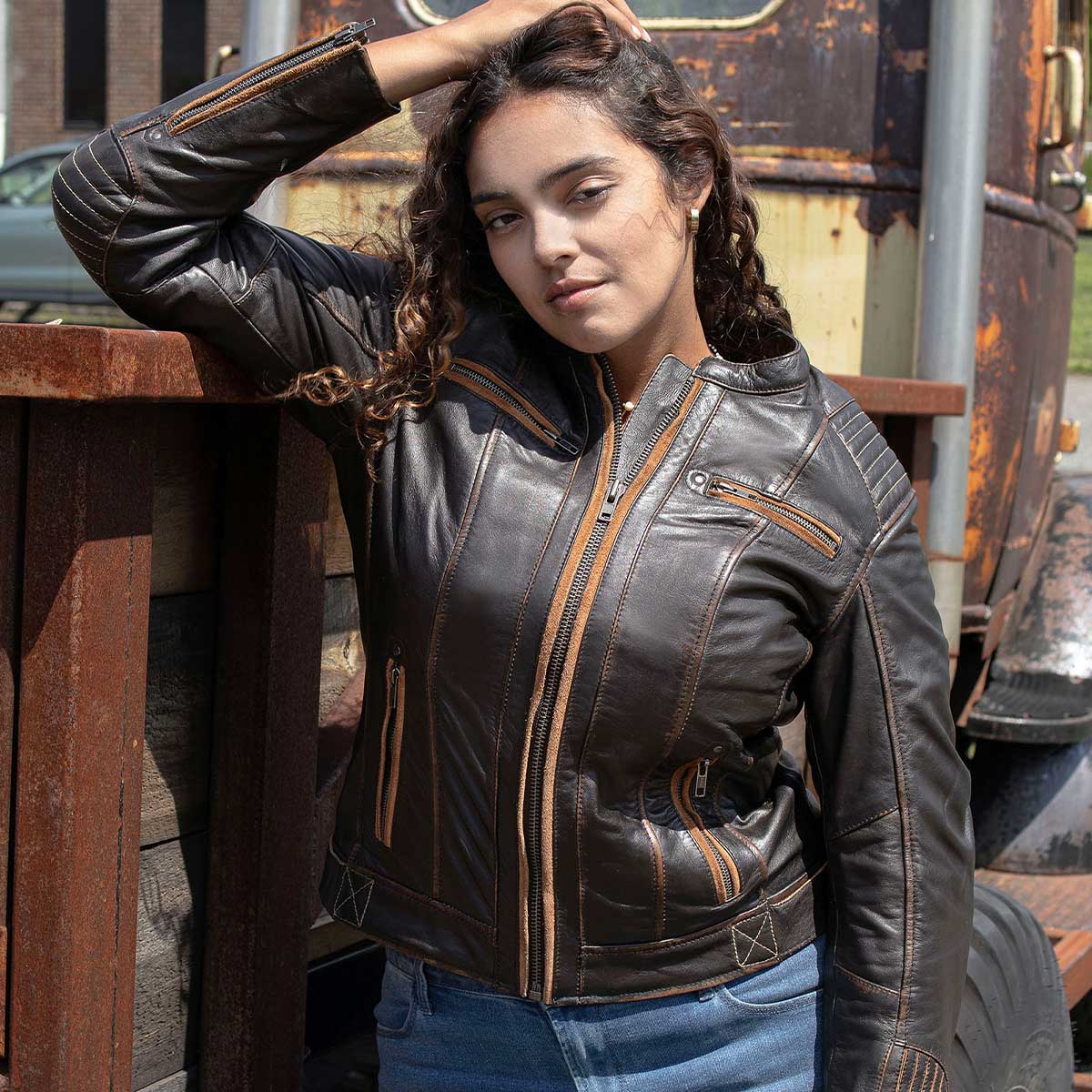 Milwaukee Motorcycle Clothing Co. Women’s Rebel Scooter Style Vinage Brown Leather Jacket w/ Mandarin Collar MMC20003