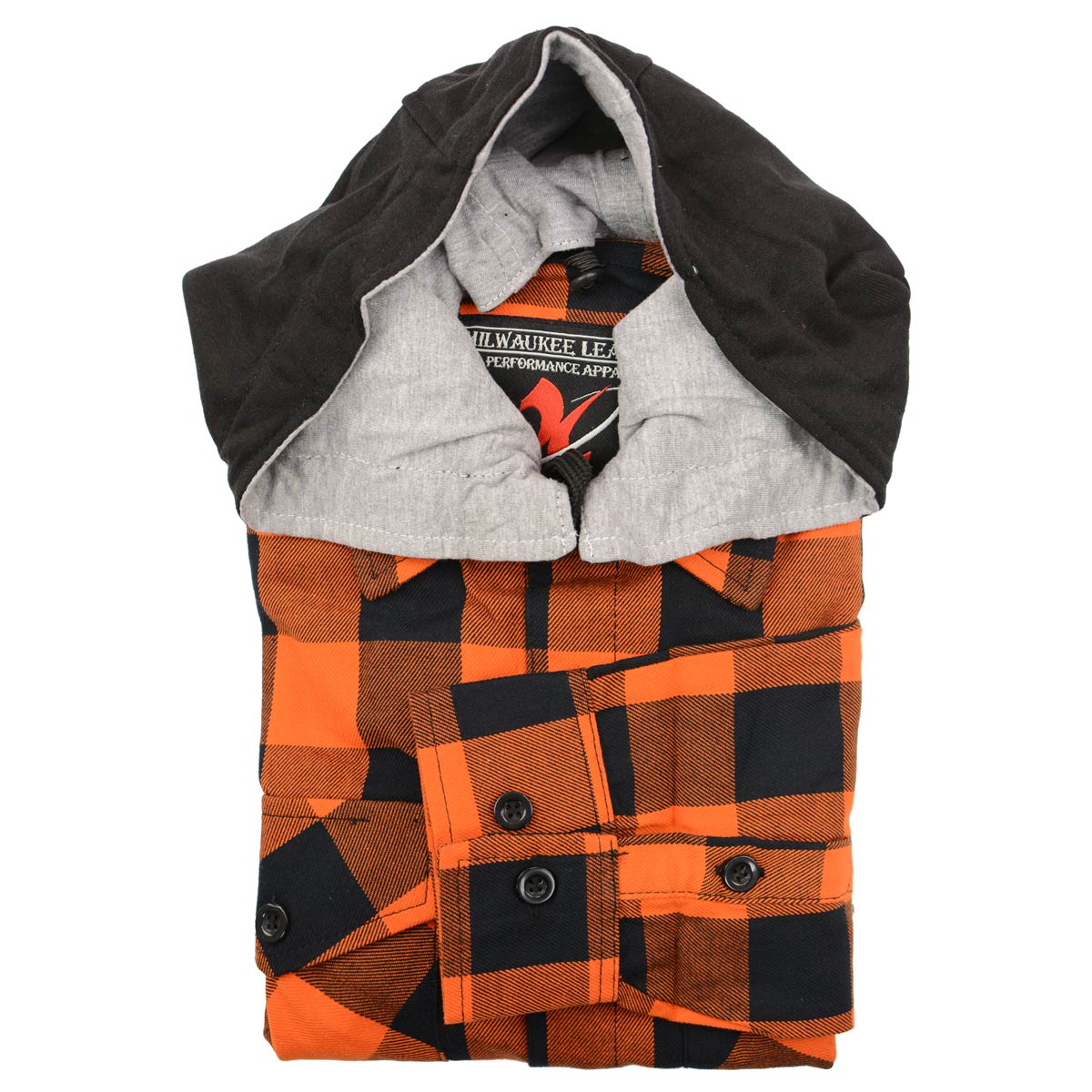 Milwaukee Leather MNG11642 Men's Flannel Plaid Orange and Black Long Sleeve Cotton Button Down Shirt w/ Hoodie