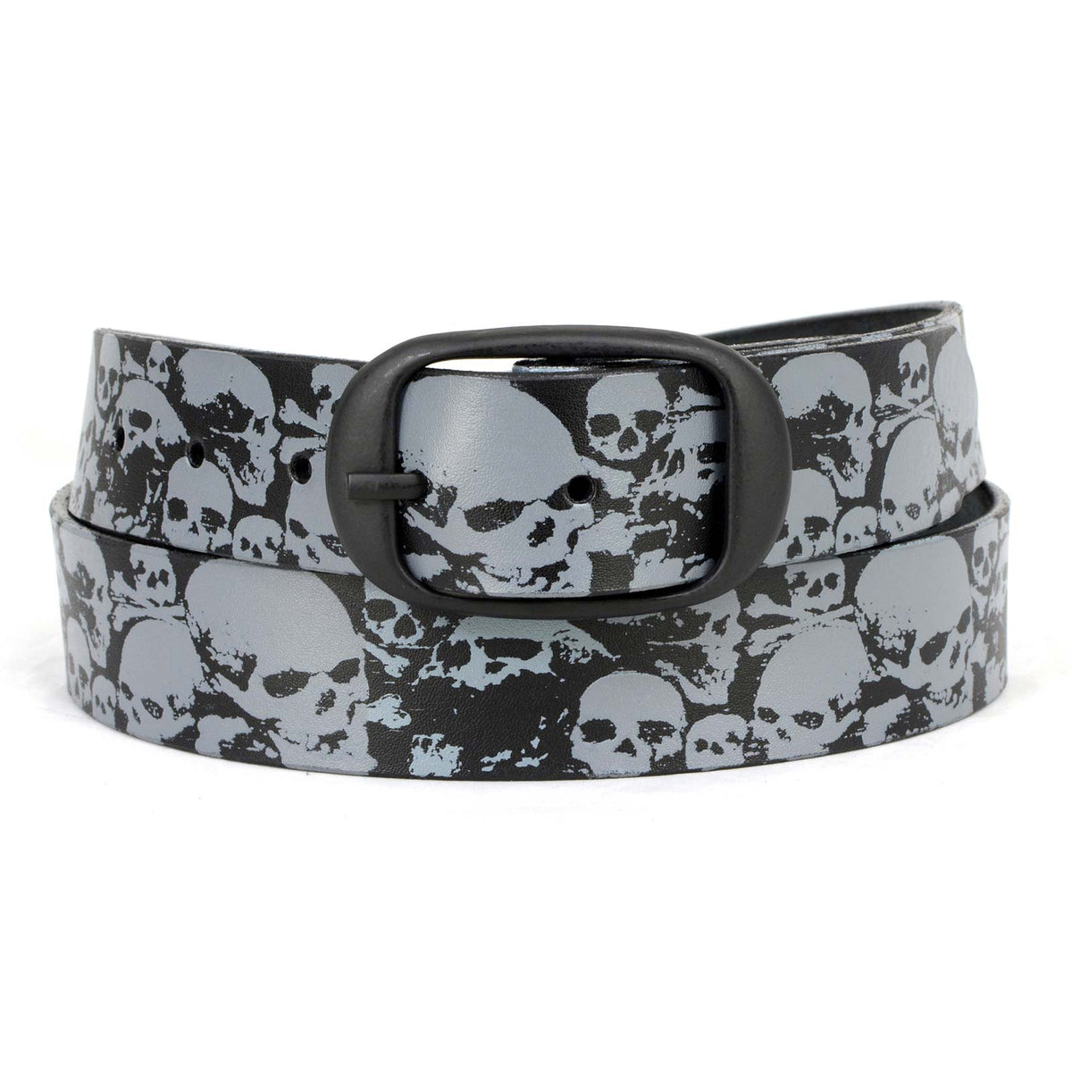 Milwaukee Leather Men's Black Grey Skull Leather Belt, MP7106