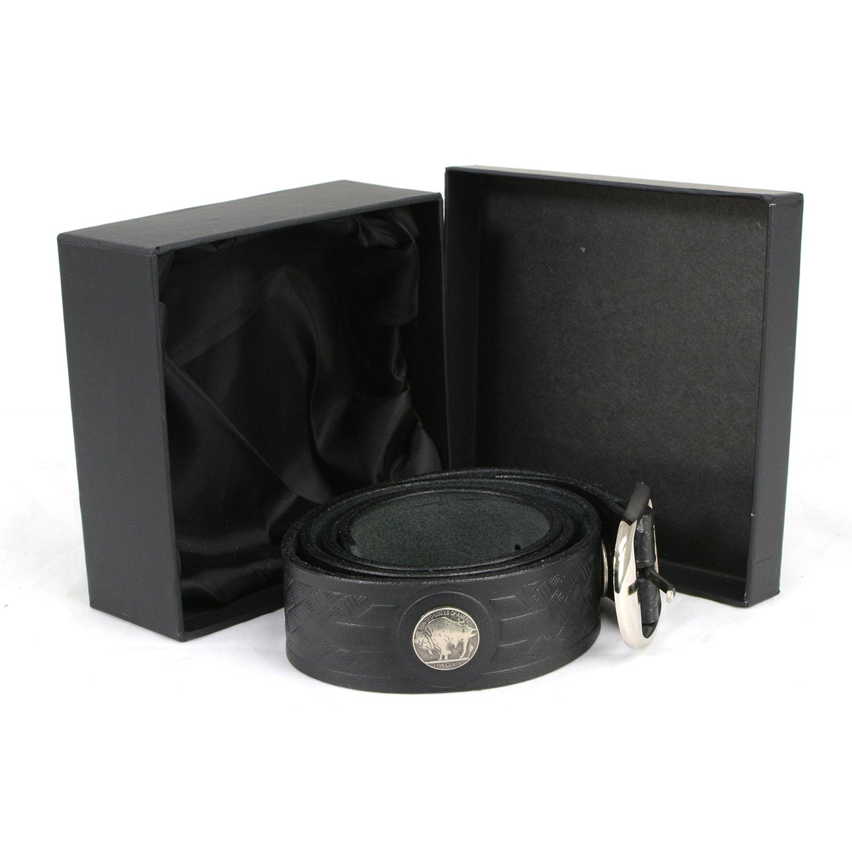 Milwaukee Leather MP7123 Men's Cross Hatch & 5 Cent Buffalo-Black Leather Belt w/ Interchangeable Buckle-1.5 In Wide