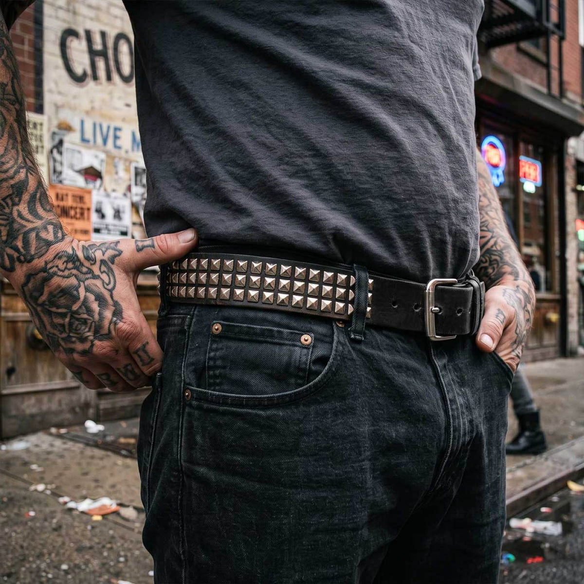 Milwaukee Leather Men's Black Triple-Row Studded Leather Belt, MP7144