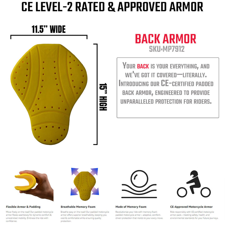 Milwaukee Leather MP7912 CE-Approved Motorcycle Armor for BACK | Replacement Armor for Motorcycle Jackets