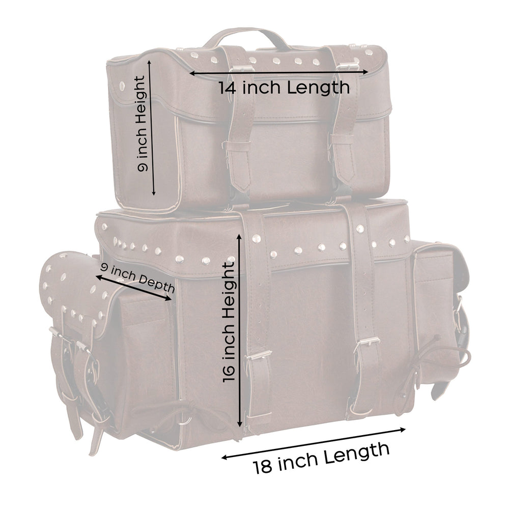 Milwaukee Leather MP8127RT Large Retro Brown 4-Piece Studded PVC Motorcycle Bag Touring Pack