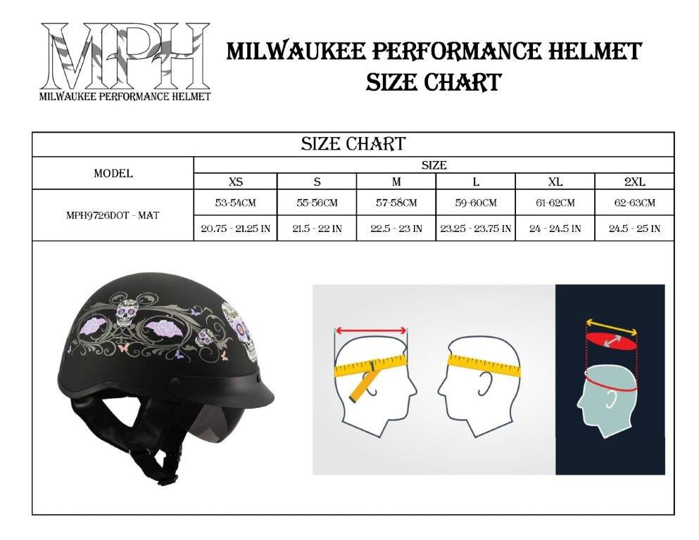 Milwaukee Performance Helmets MPH9726DOT Sugar Skull Matte Black DOT Half Helmet w/ Drop Down Visor