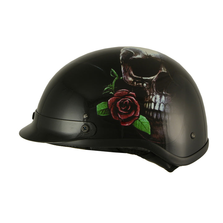 Milwaukee Helmets MPH9780 Black Rose Skull &amp; Revolver DOT Half Helmet