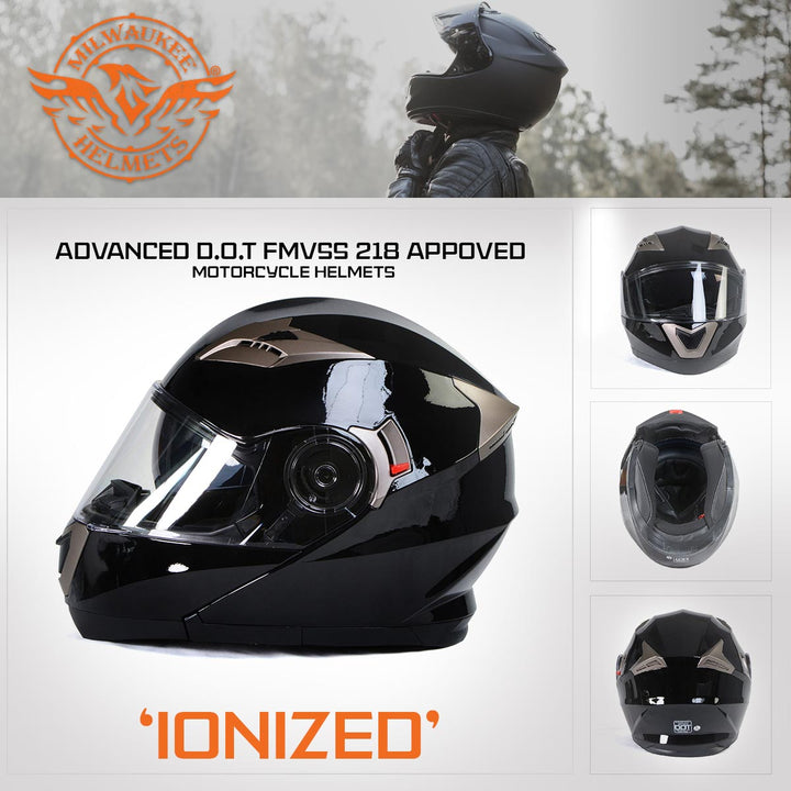 Milwaukee Helmets MPH9806DOT Ionized Gloss Black Advanced Motorcycle Modular Helmet Biker w/ Drop Down Visor