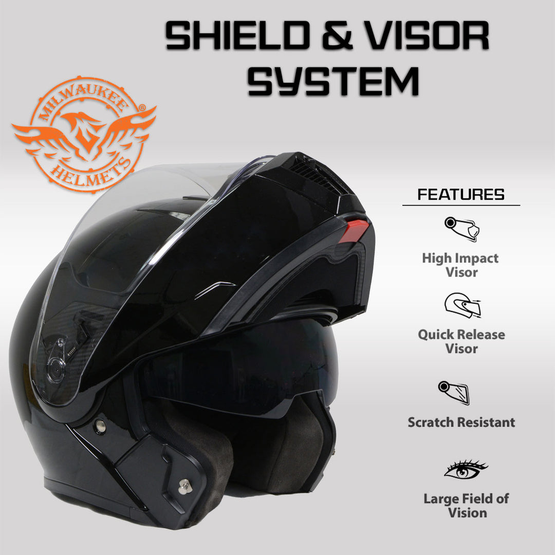 Milwaukee Helmets MPH9813DOT Gloss Black Menace DOT Approved Motorcycle Modular Helmet w/ Drop Down Visor
