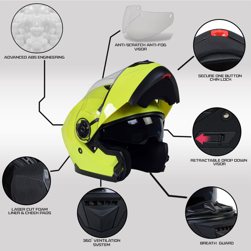 Milwaukee Helmets MPH9819DOT Breeze Green Advanced Motorcycle Modular Helmet Biker w/ Drop Down Visor