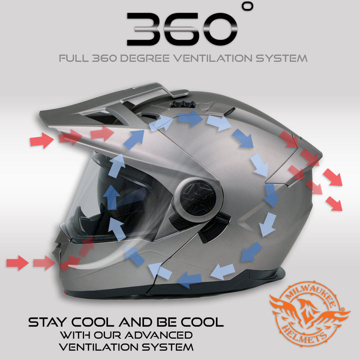 Milwaukee Helmets Silver Ominous Dual Sport Advanced Motorcycle Modular Helmet Biker DOT Approved MPH9822DOT