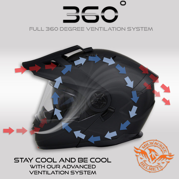 Milwaukee Helmets MPH9820DOT Flat Black Ominous Dual Sport Advanced Motorcycle Modular Helmet Biker