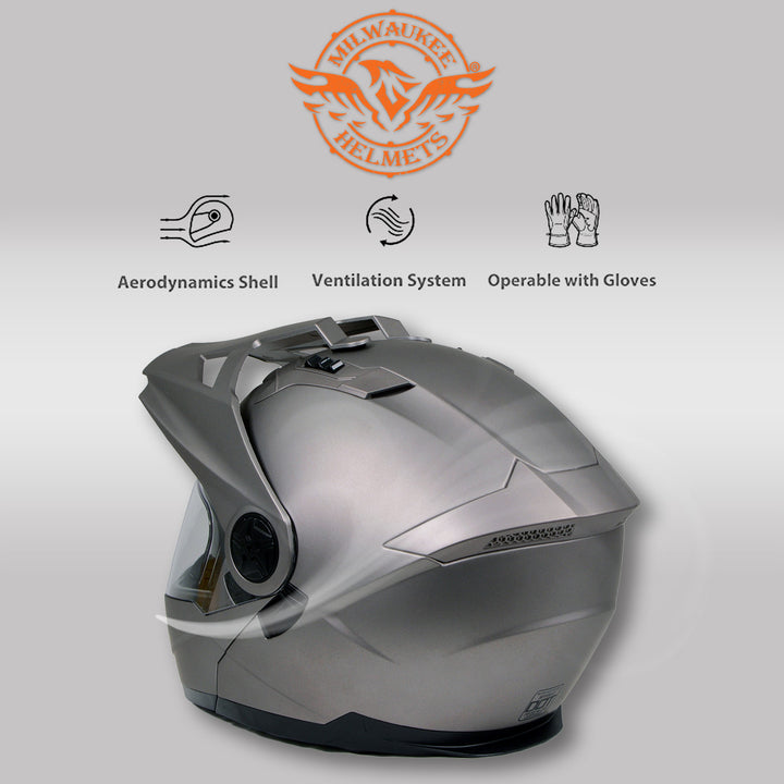 Milwaukee Helmets Silver Ominous Dual Sport Advanced Motorcycle Modular Helmet Biker DOT Approved MPH9822DOT
