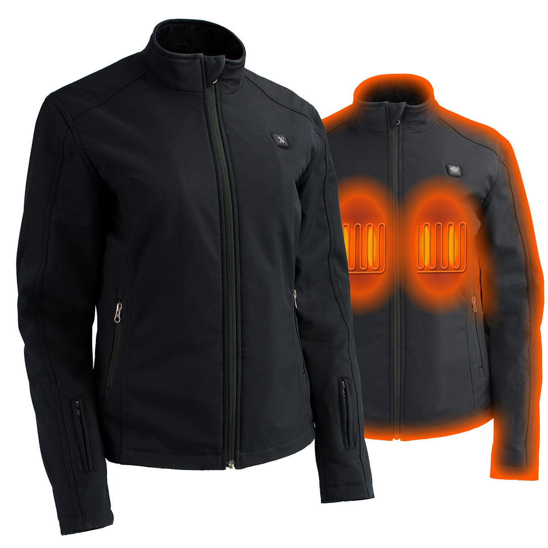 Nexgen Heat MPL2760SET12v Women's Black Soft Shell Jacket with Heating Panels for Winter Outdoor Activities